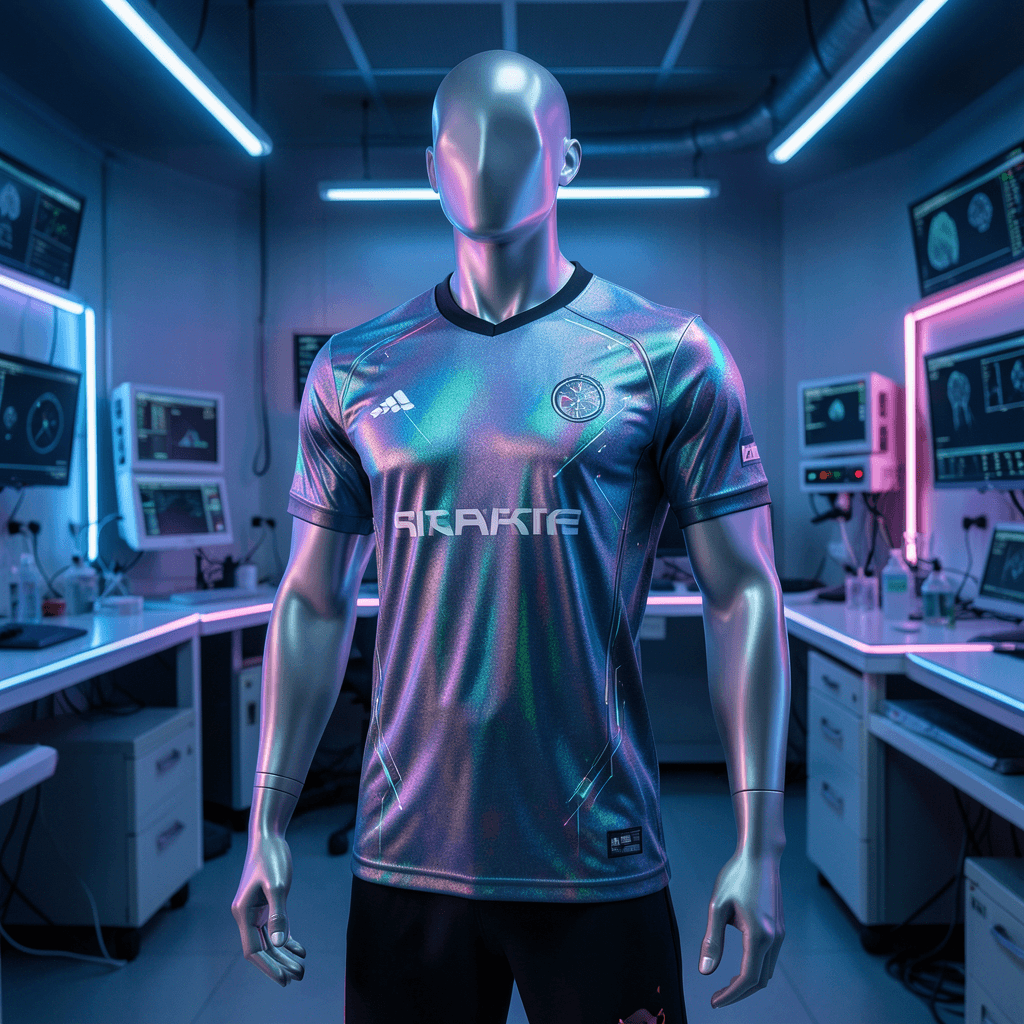 Camiseta futurista representando la revolución de las camisetas de fútbol en 2026