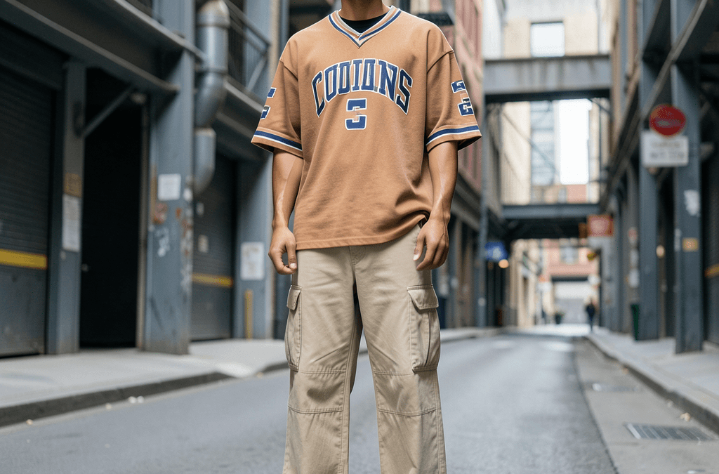Hombre joven luciendo cómo combinar una camiseta de fútbol con estilo urbano en la ciudad