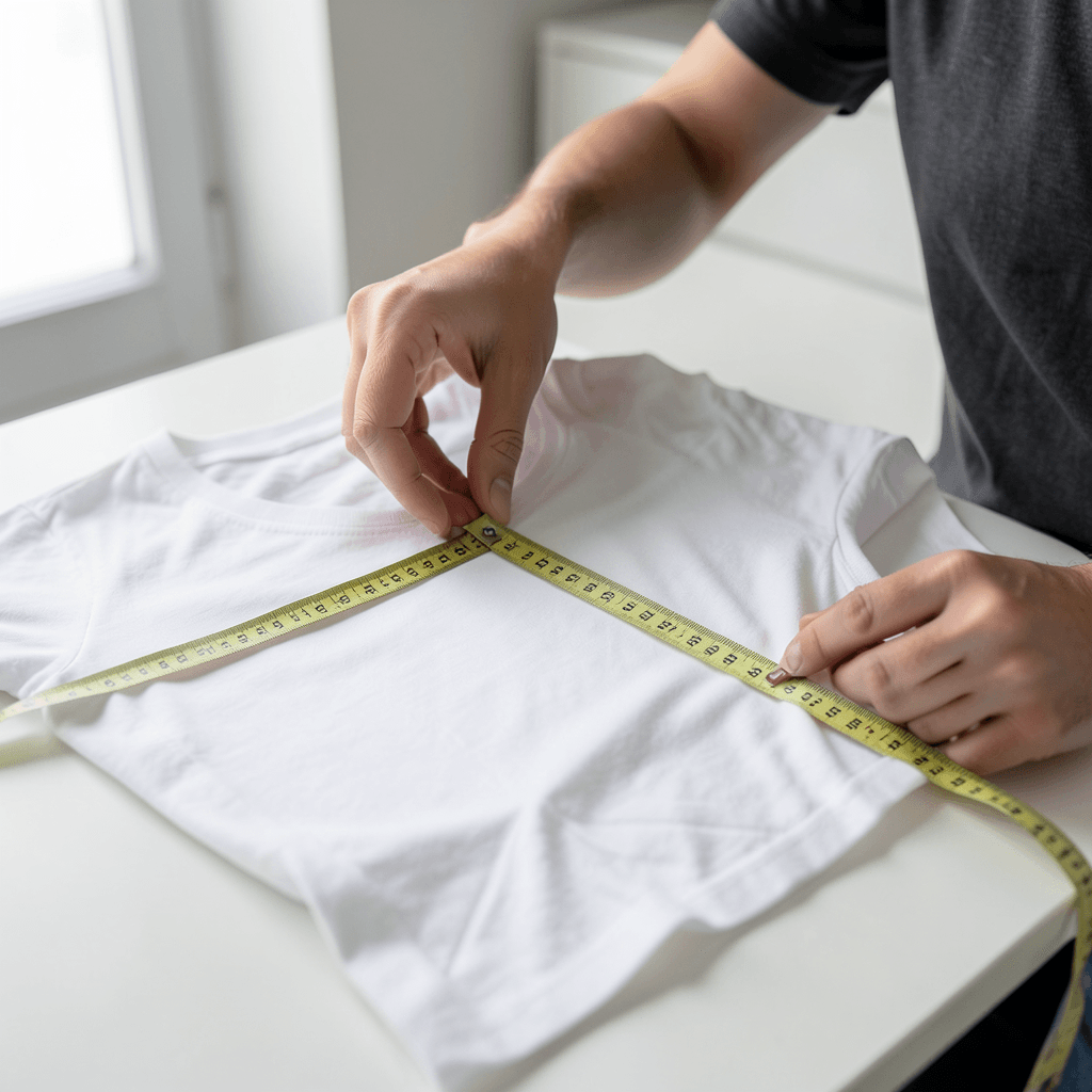 Persona midiendo una prenda para entender las tallas y ajustes: cómo elegir la camiseta perfecta