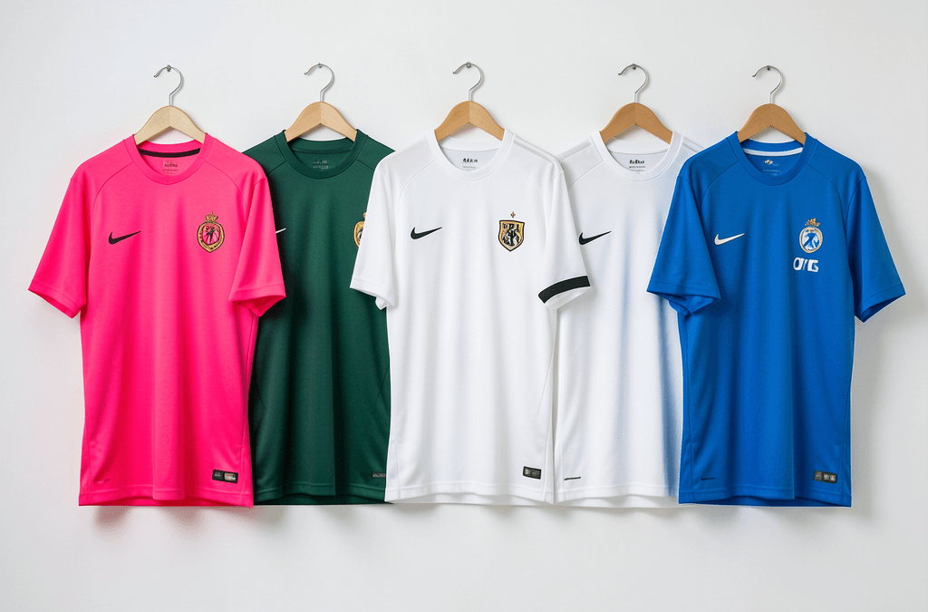Colección de camisetas deportivas mostrando los colores más populares en camisetas de fútbol este año.