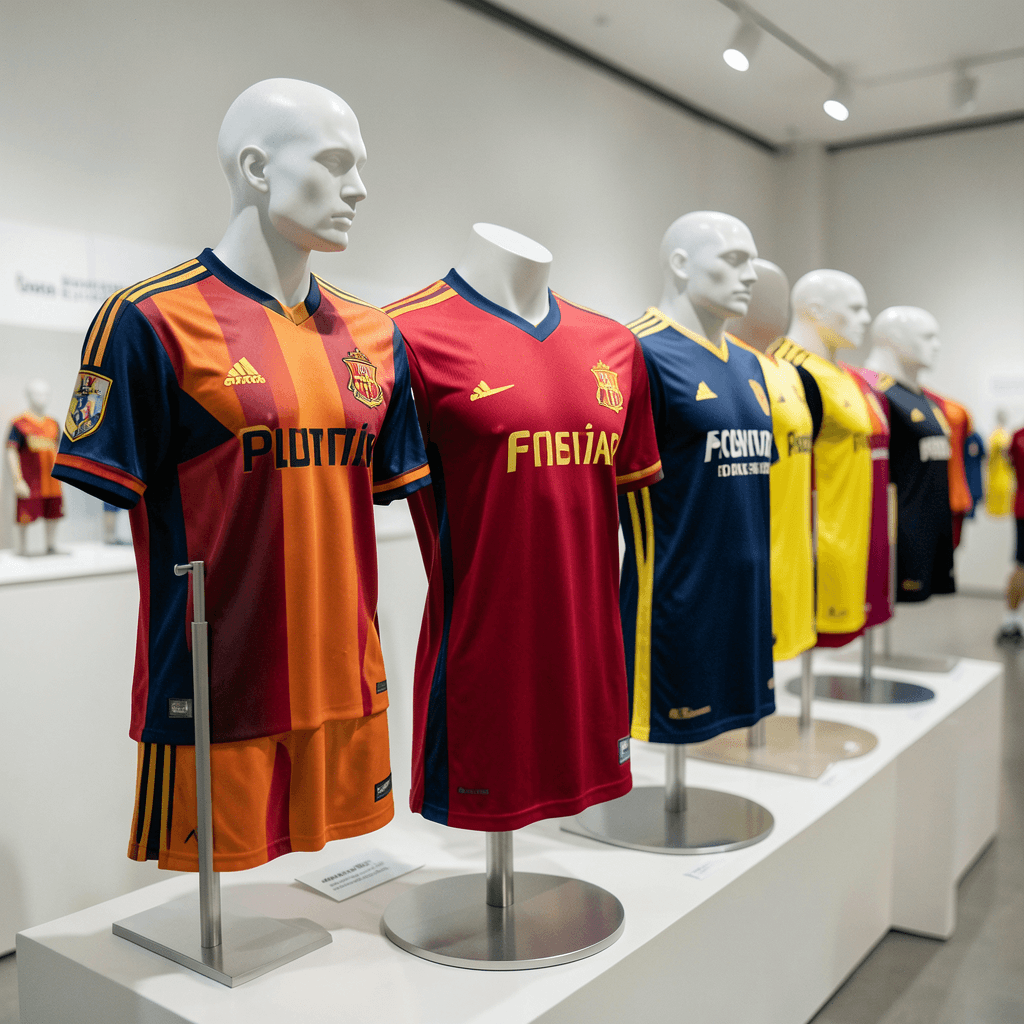 Colección histórica que muestra la evolución de la camiseta de la selección española