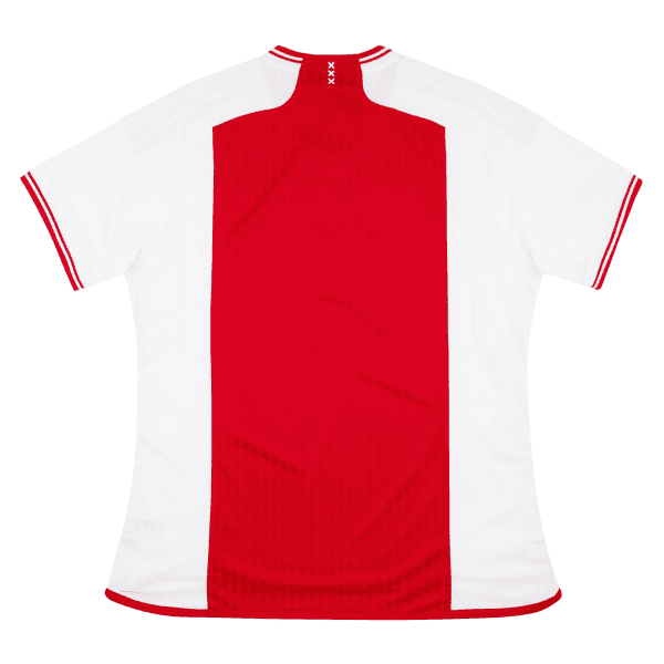 Primera equipación del AFC Ajax temporada 2023-24 en color blanco con detalles rojos.