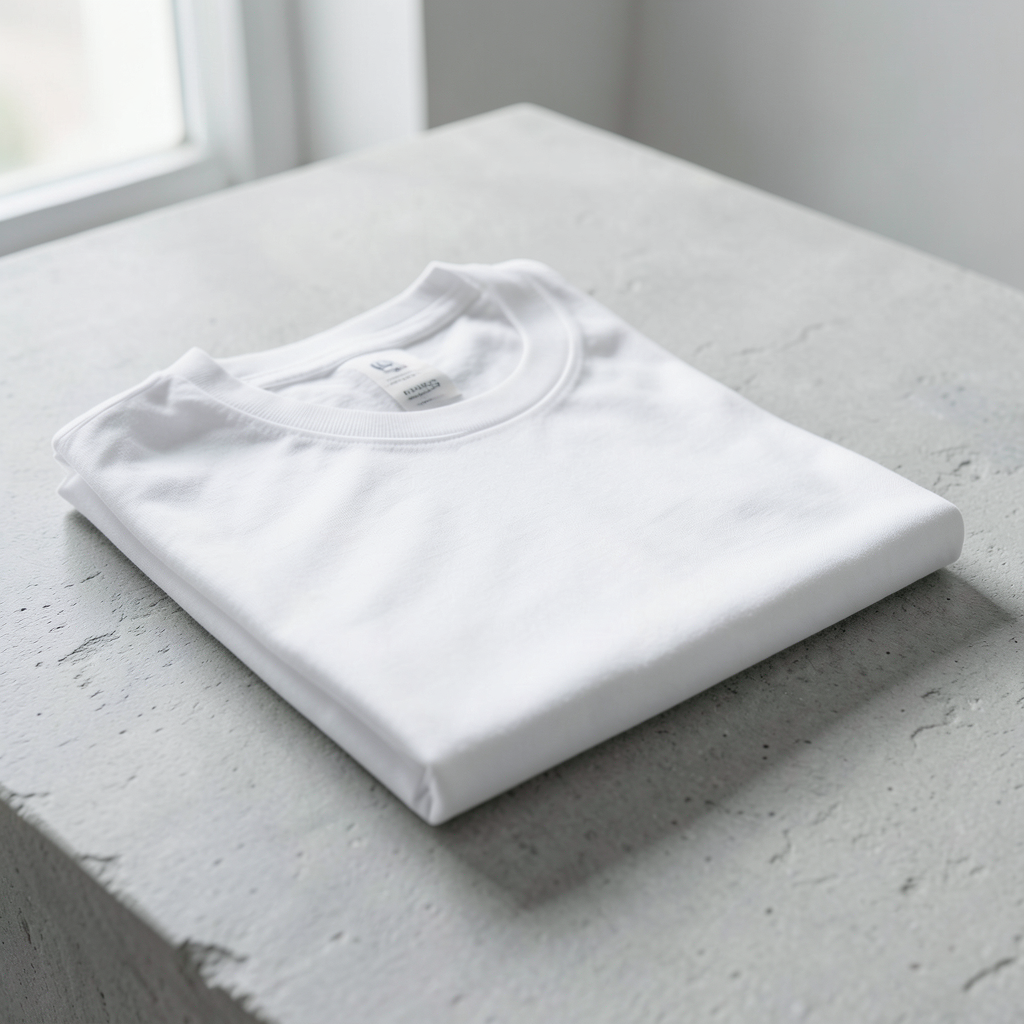 Primer plano de una de las camisetas blancas que destacan por su elegancia doblada profesionalmente
