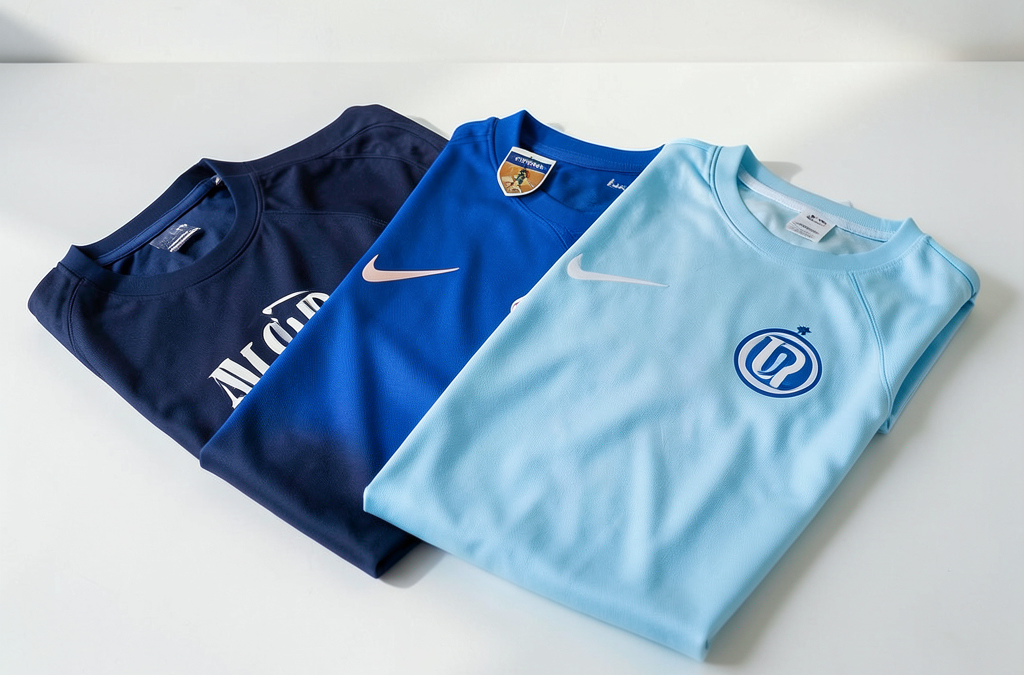 Variedad de camisetas azules más representativas del panorama mundial dispuestas profesionalmente