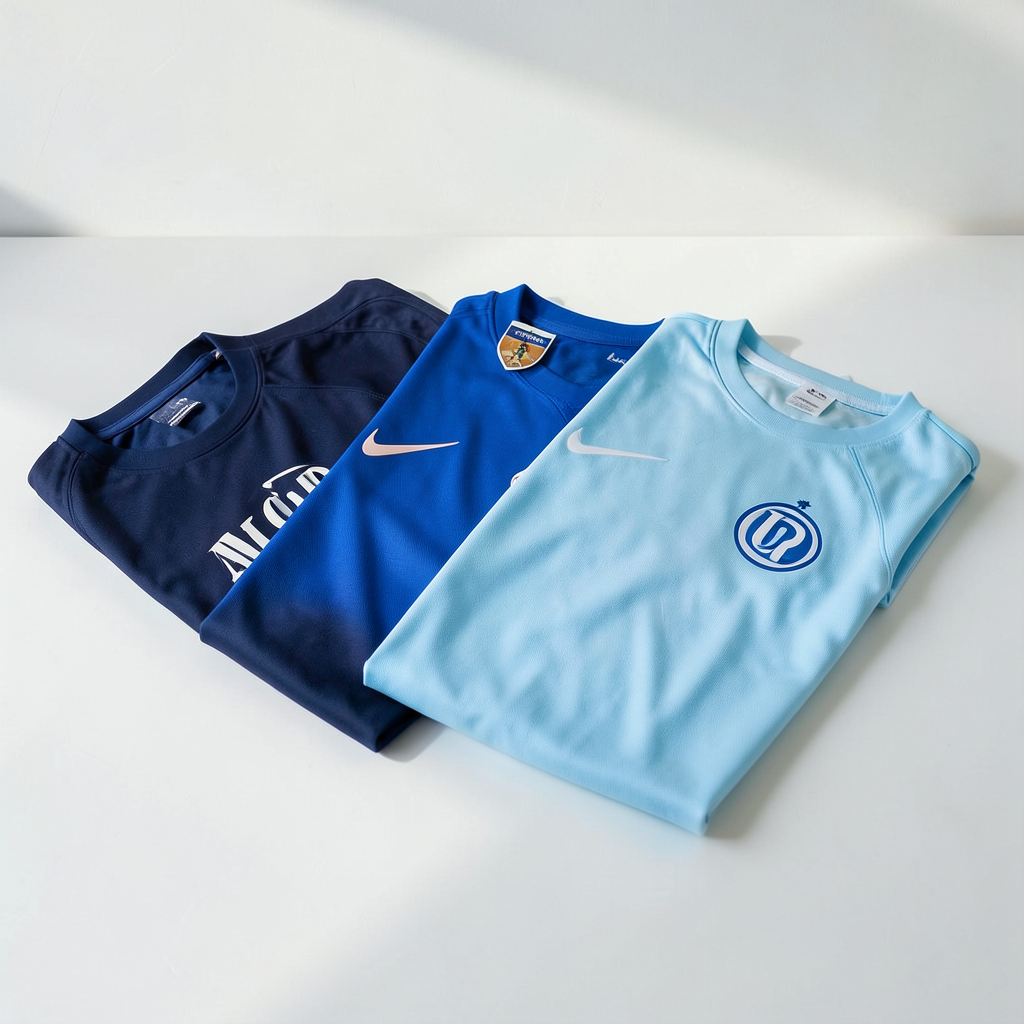 Variedad de camisetas azules más representativas del panorama mundial dispuestas profesionalmente
