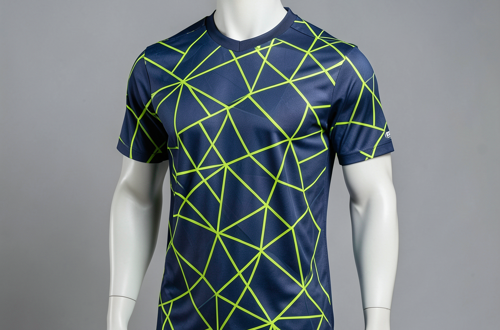 Camiseta de fútbol con equipaciones con patrones geométricos innovadores en azul y lima